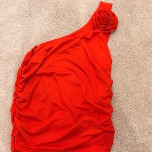 Red One-Shoulder Dress with Floral Detail